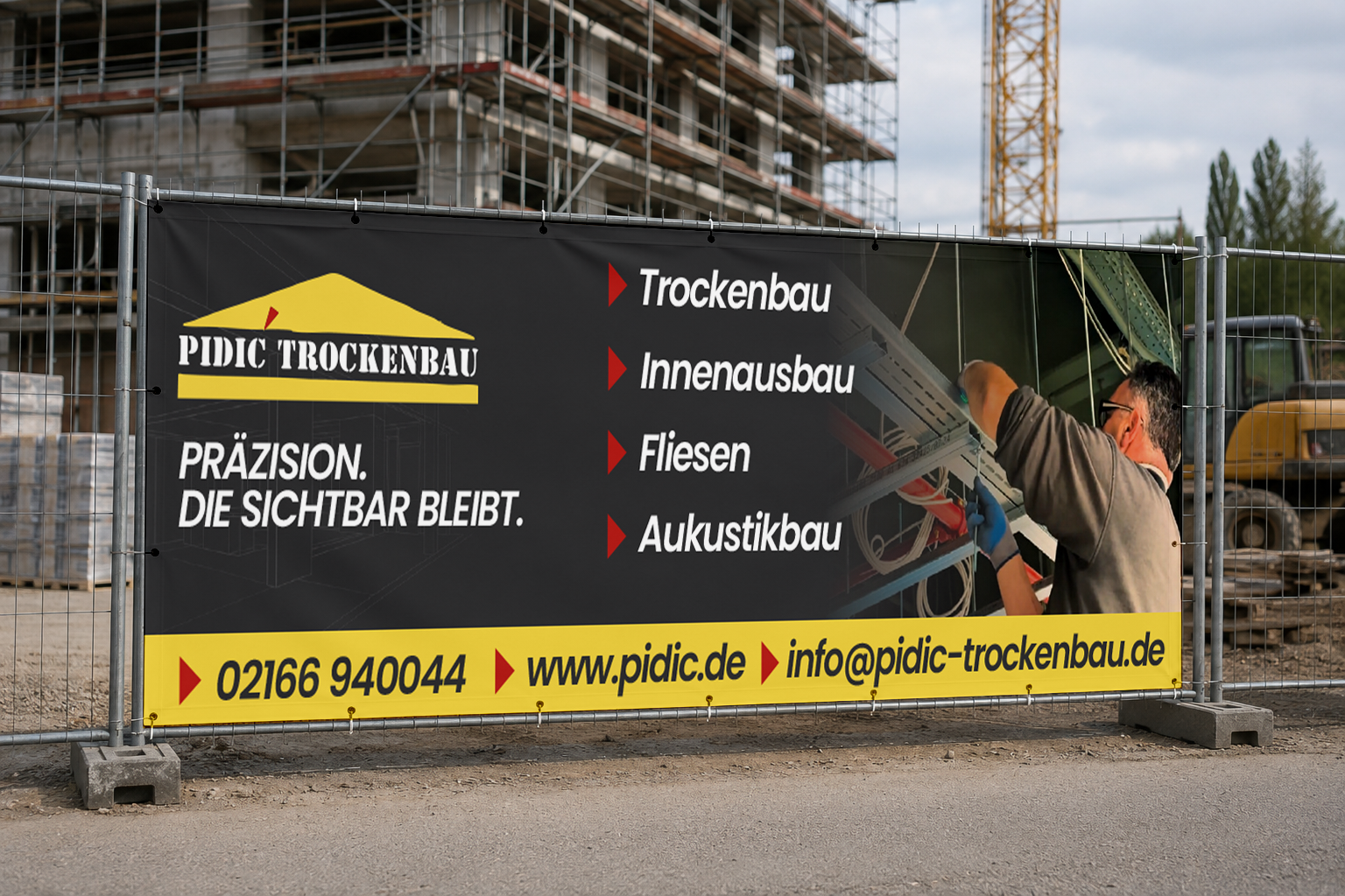 Pidic Trockenbau Bauzaun-Banner auf einer Baustelle
